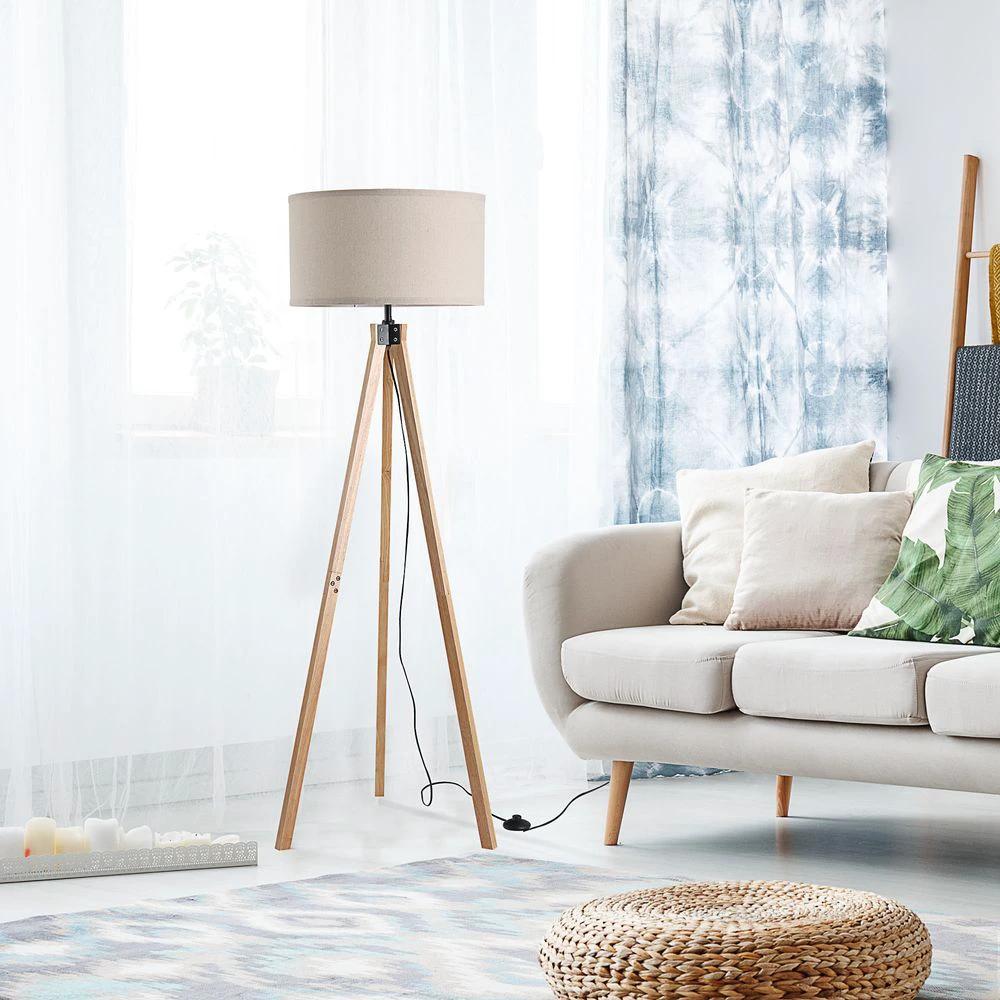 HOMCOM Rubber Wood Tripod Floor Lamp Beige - Uncategorized Lamp
