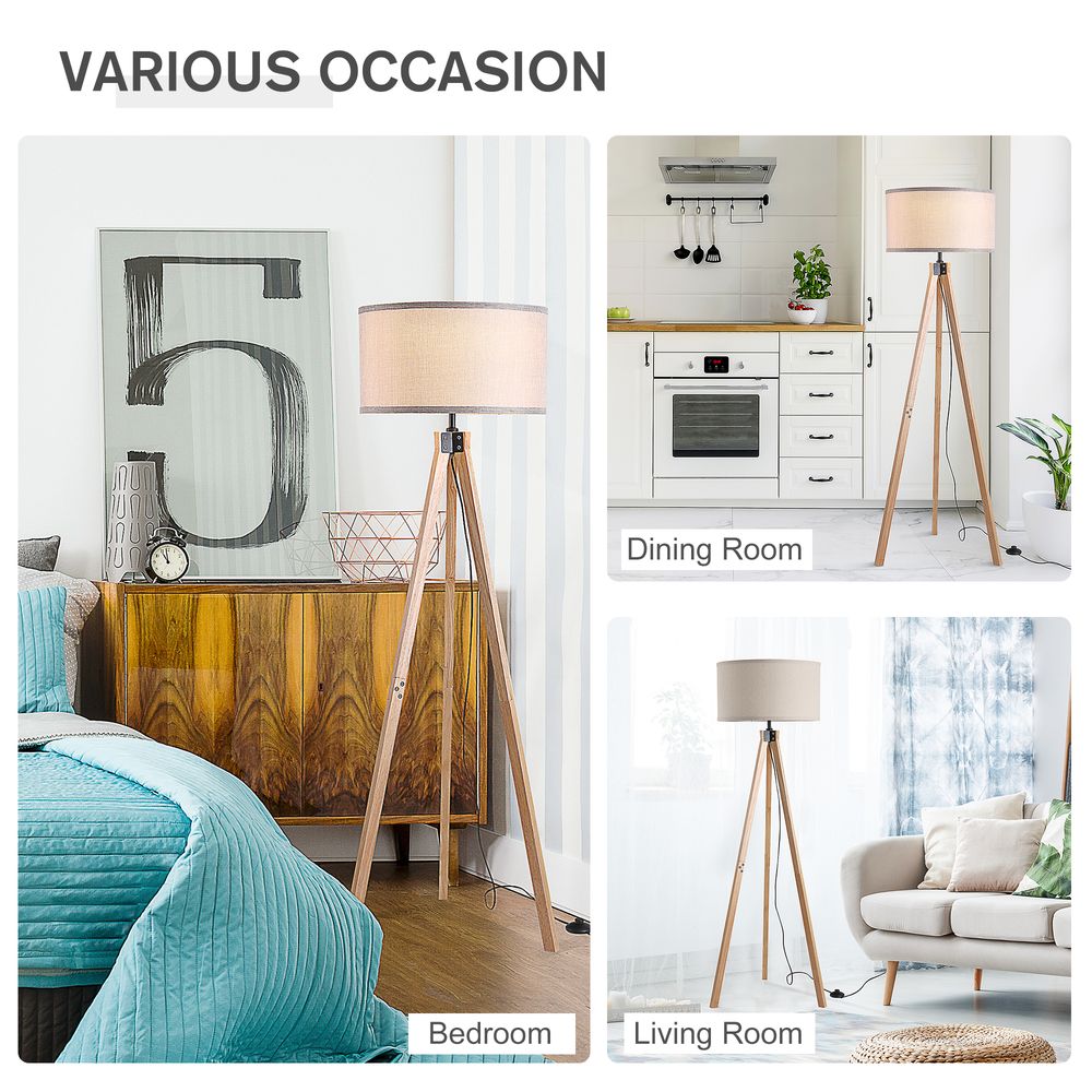 Rubber Wood Tripod Floor Lamp Beige - Lamp from HOMCOM