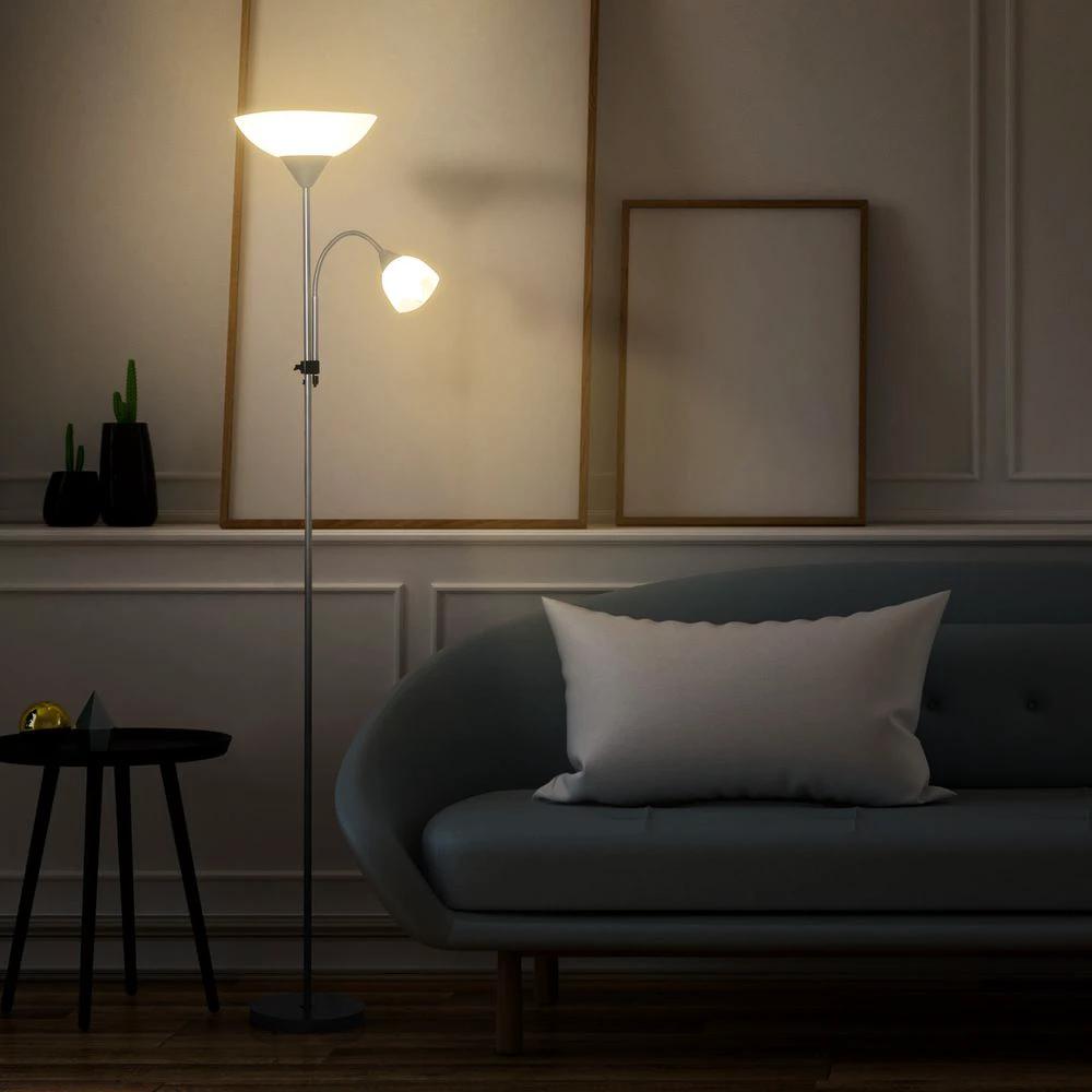 HOMCOM Steel Duo-Head Floor Lamp Silver - Uncategorized Lamp