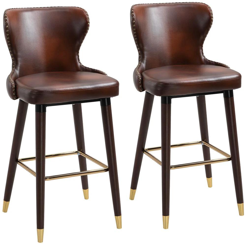 2 Pieces Homcom Home Luxury Bar Chair Stool, PU Leather European Style, Brown by HOMCOM