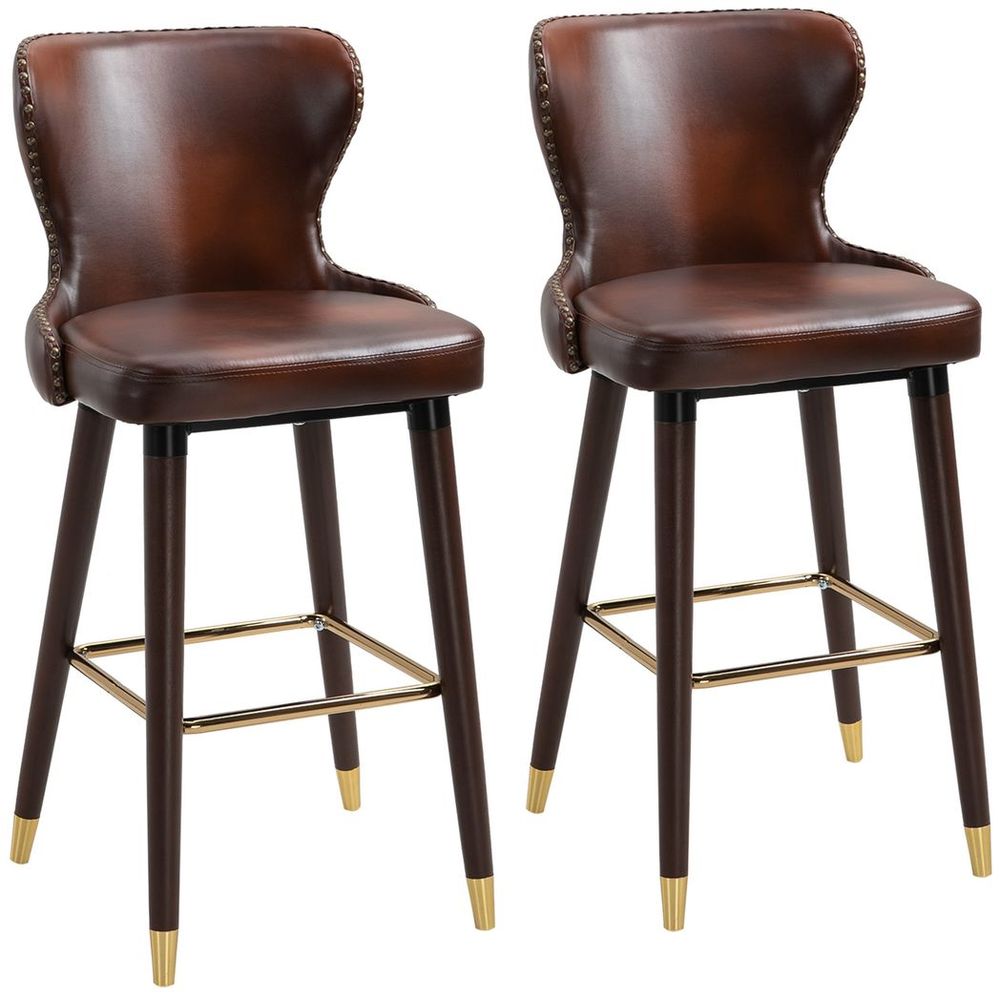 2 Pieces Homcom Home Luxury Bar Chair Stool, PU Leather European Style, Brown - Leather Chairs from HOMCOM