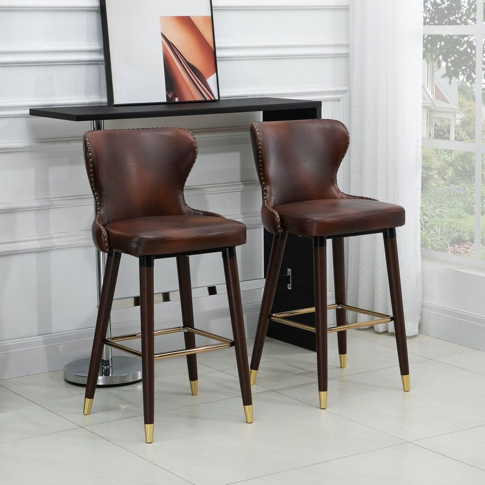 2 Pieces Homcom Home Luxury Bar Chair Stool, PU Leather European Style, Brown - Leather Chairs from HOMCOM