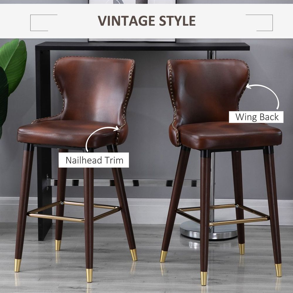 2 Pieces Homcom Home Luxury Bar Chair Stool, PU Leather European Style, Brown - Leather Chairs from HOMCOM