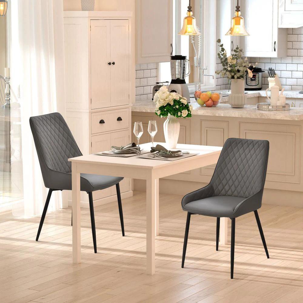 Set Of 2 Quilted PU Leather Dining Chairs w/ Metal Frame 4 Legs Grey by HOMCOM