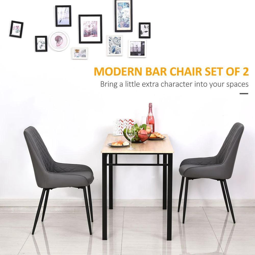 Set Of 2 Quilted PU Leather Dining Chairs w/ Metal Frame 4 Legs Grey by HOMCOM