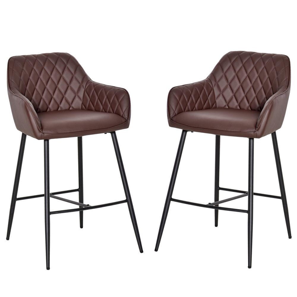 Set Of 2 Retro PU Leather Bar Chairs Set Stylish w/ Footrest Metal Frame - Leather Chairs from HOMCOM