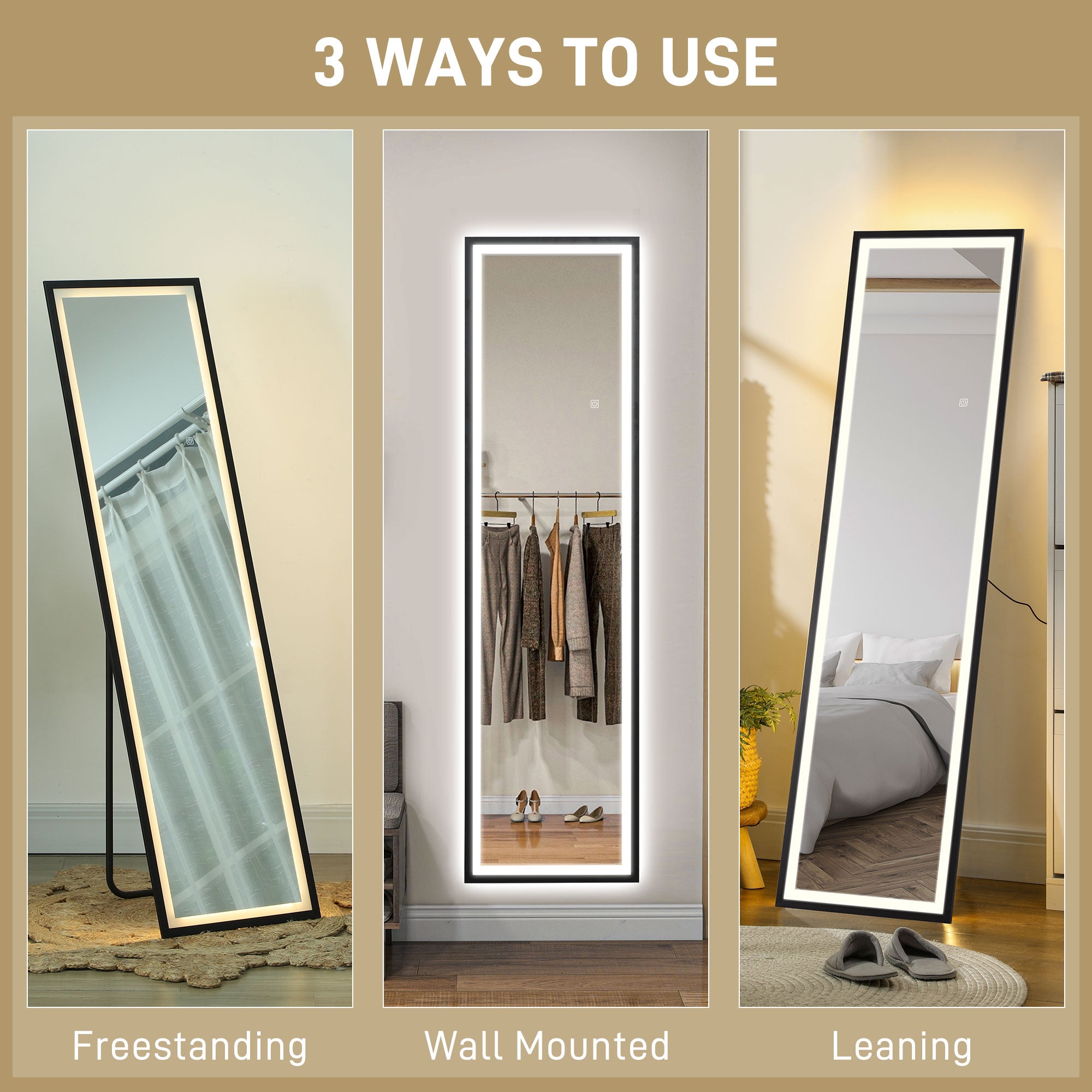 HOMCOM 150 x 40cm Full Length Mirror w/ Adjustable Lights Metal Frame Black - Mirror from HOMCOM