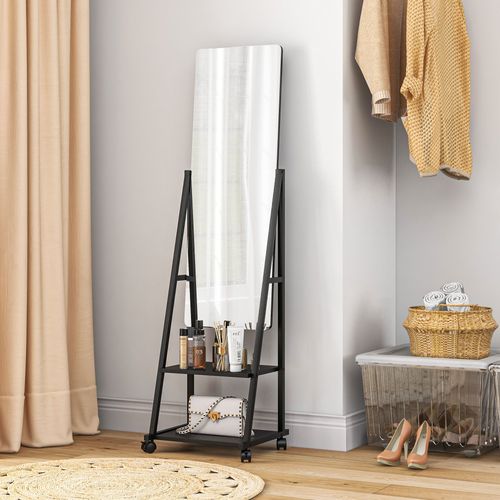 HOMCOM Movable Full Length Mirror Adjustable Full Body Mirror with 2 Shelves - Mirror from HOMCOM
