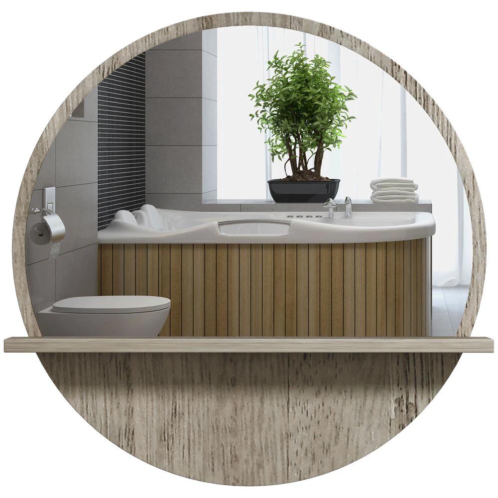 kleankin Round Mirror for Wall Makeup Mirror with Shelf Grey Wood Effect by HOMCOM