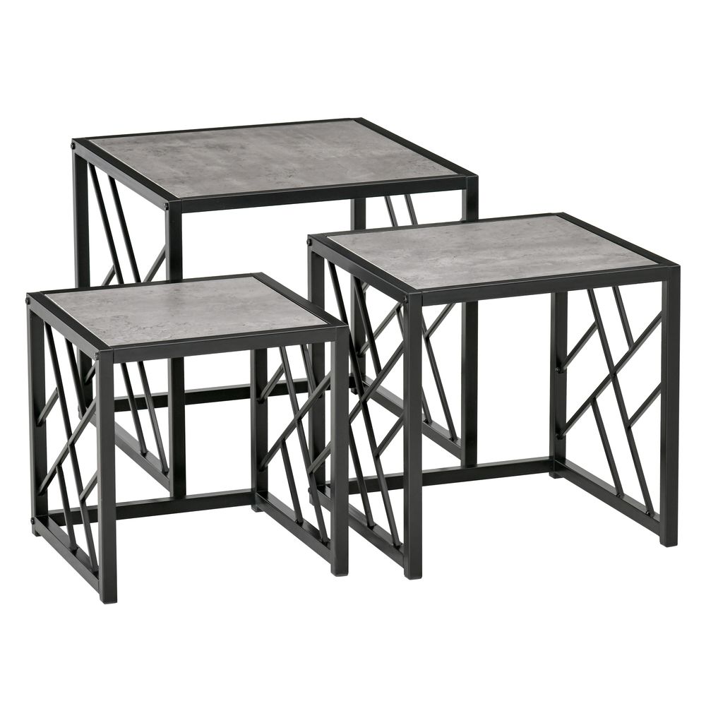 Set of 3 Nesting Coffee Tables Square End Tables w/ Metal Frame, Grey - Nest of Tables from HOMCOM
