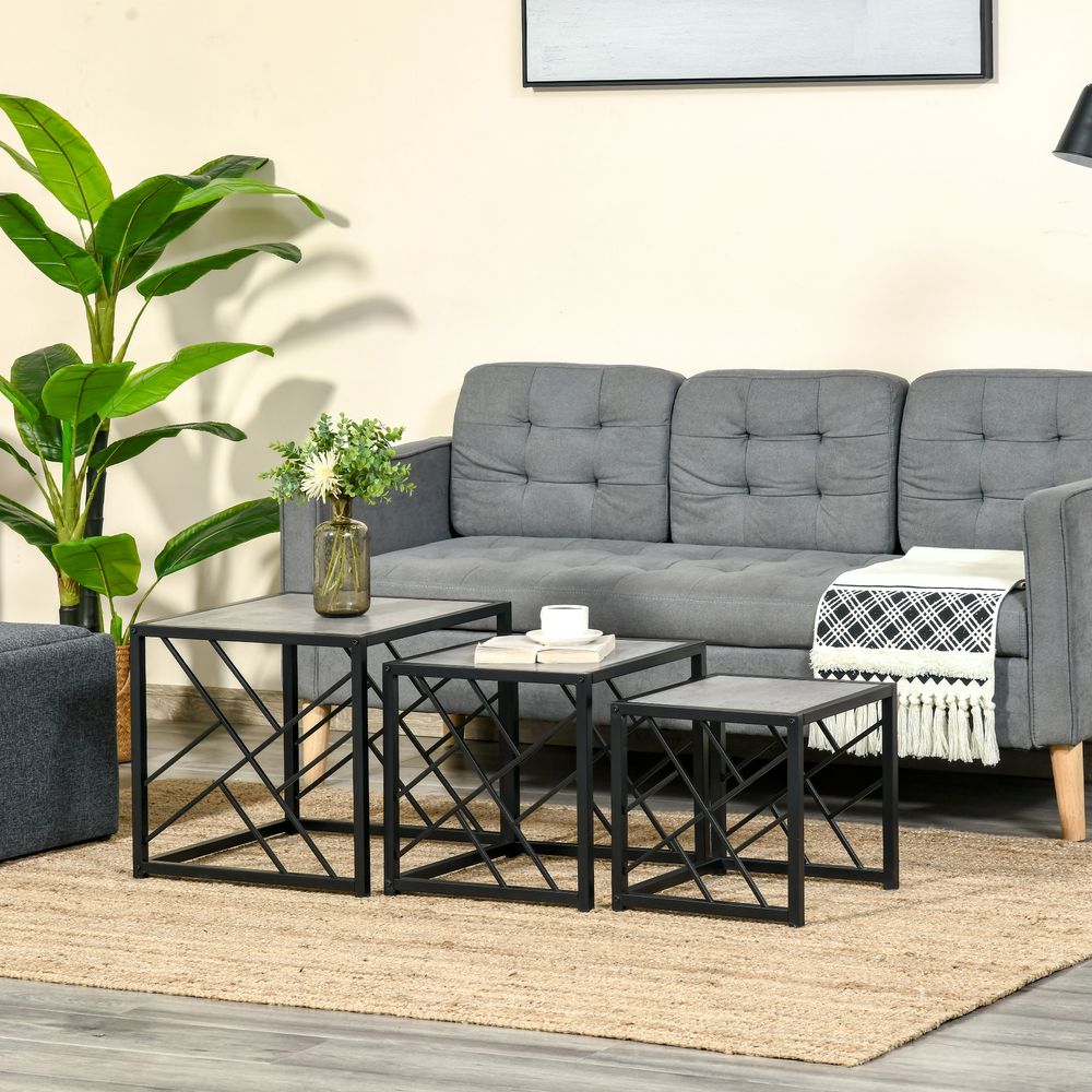 Set of 3 Nesting Coffee Tables Square End Tables w/ Metal Frame, Grey - Nest of Tables from HOMCOM