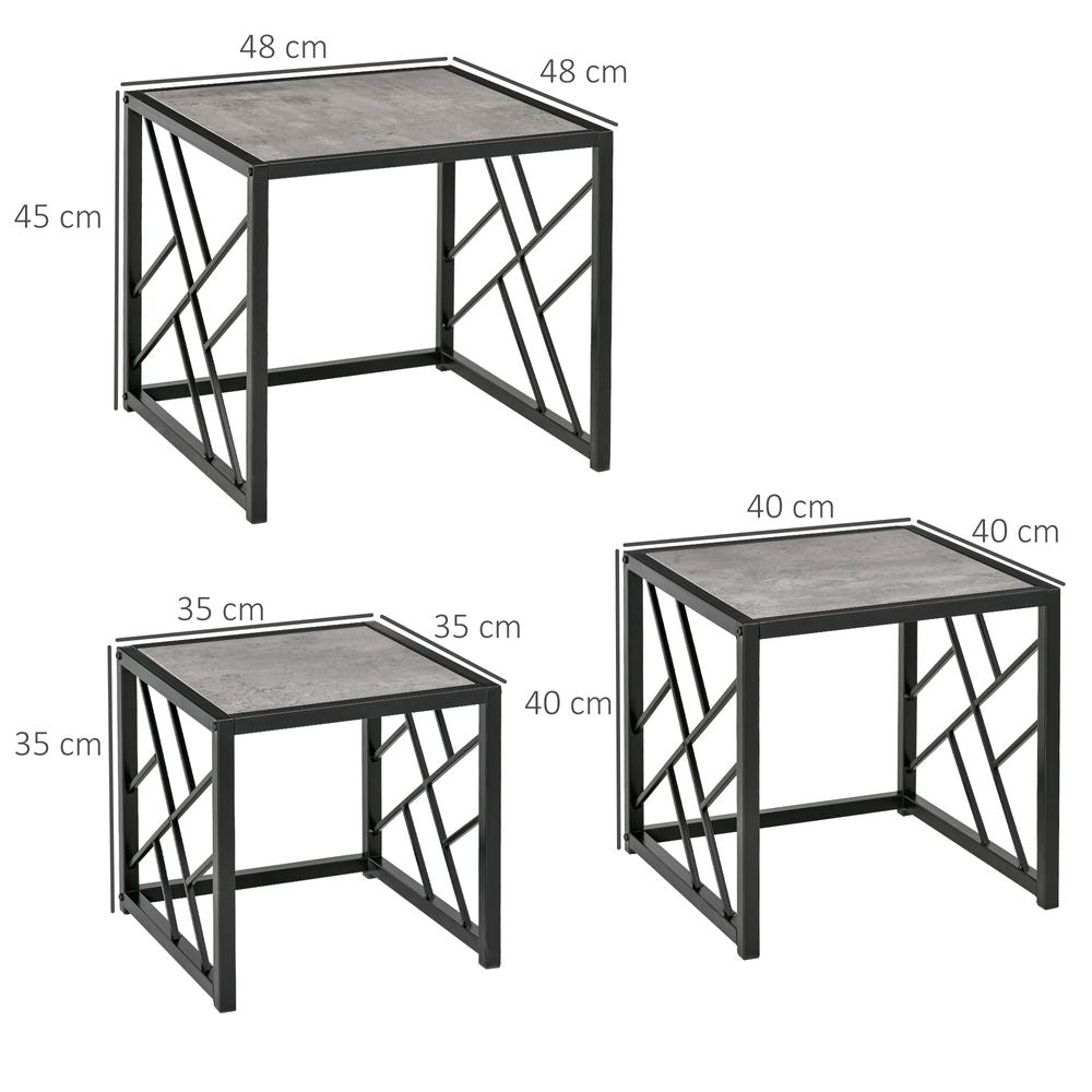 Set of 3 Nesting Coffee Tables Square End Tables w/ Metal Frame, Grey - Nest of Tables from HOMCOM