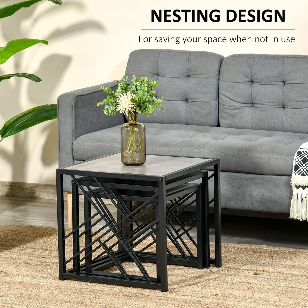Set of 3 Nesting Coffee Tables Square End Tables w/ Metal Frame, Grey - Nest of Tables from HOMCOM