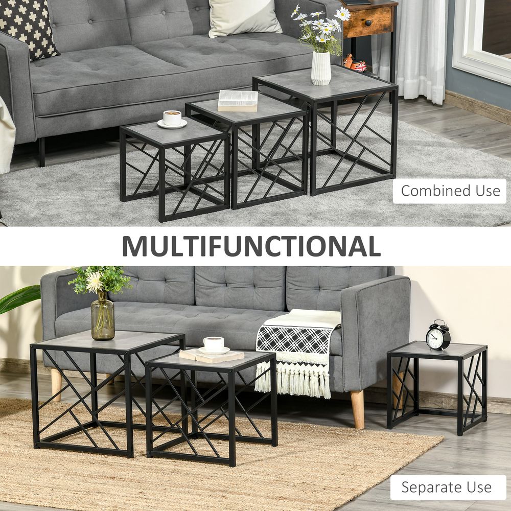 Set of 3 Nesting Coffee Tables Square End Tables w/ Metal Frame, Grey - Nest of Tables from HOMCOM