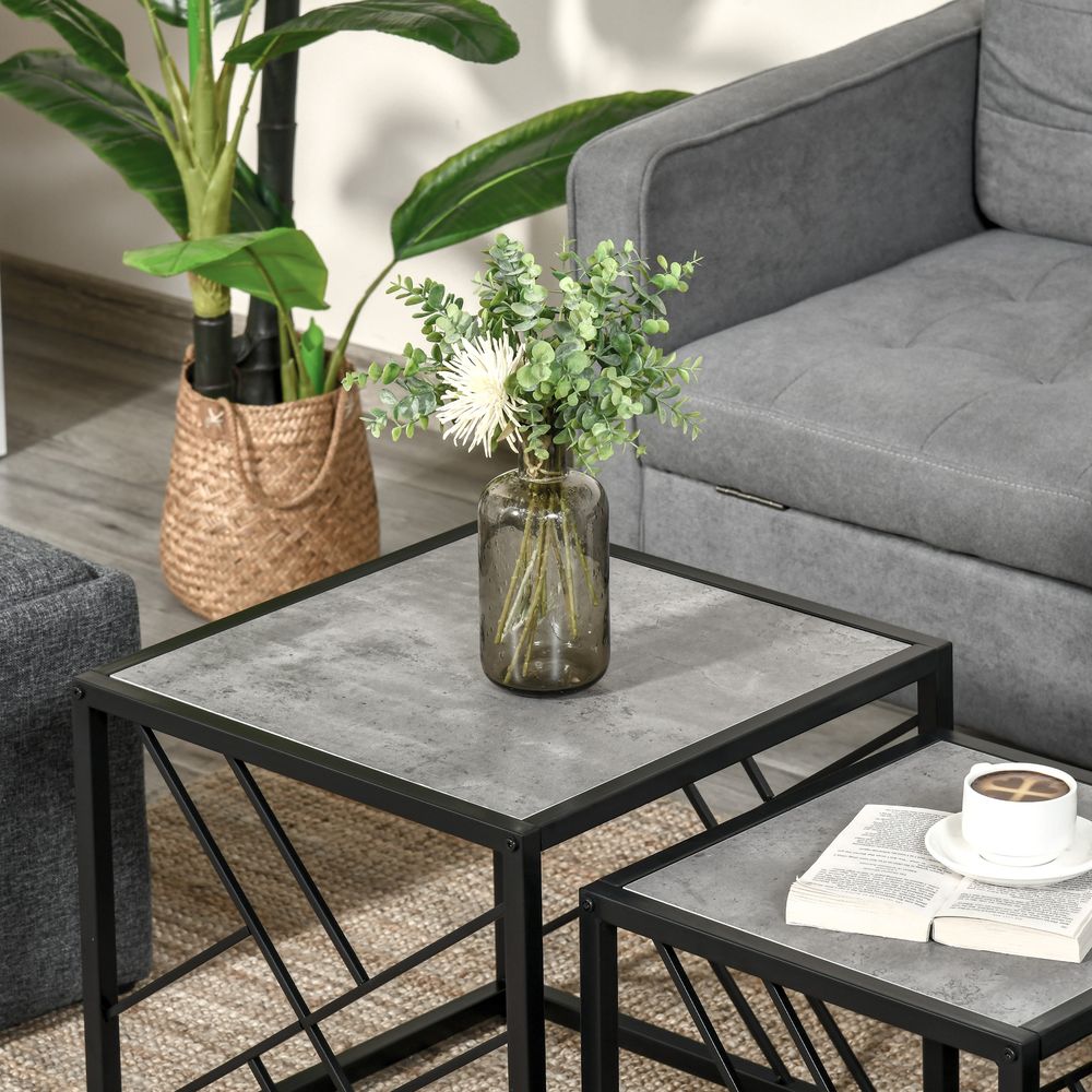 Set of 3 Nesting Coffee Tables Square End Tables w/ Metal Frame, Grey - Nest of Tables from HOMCOM