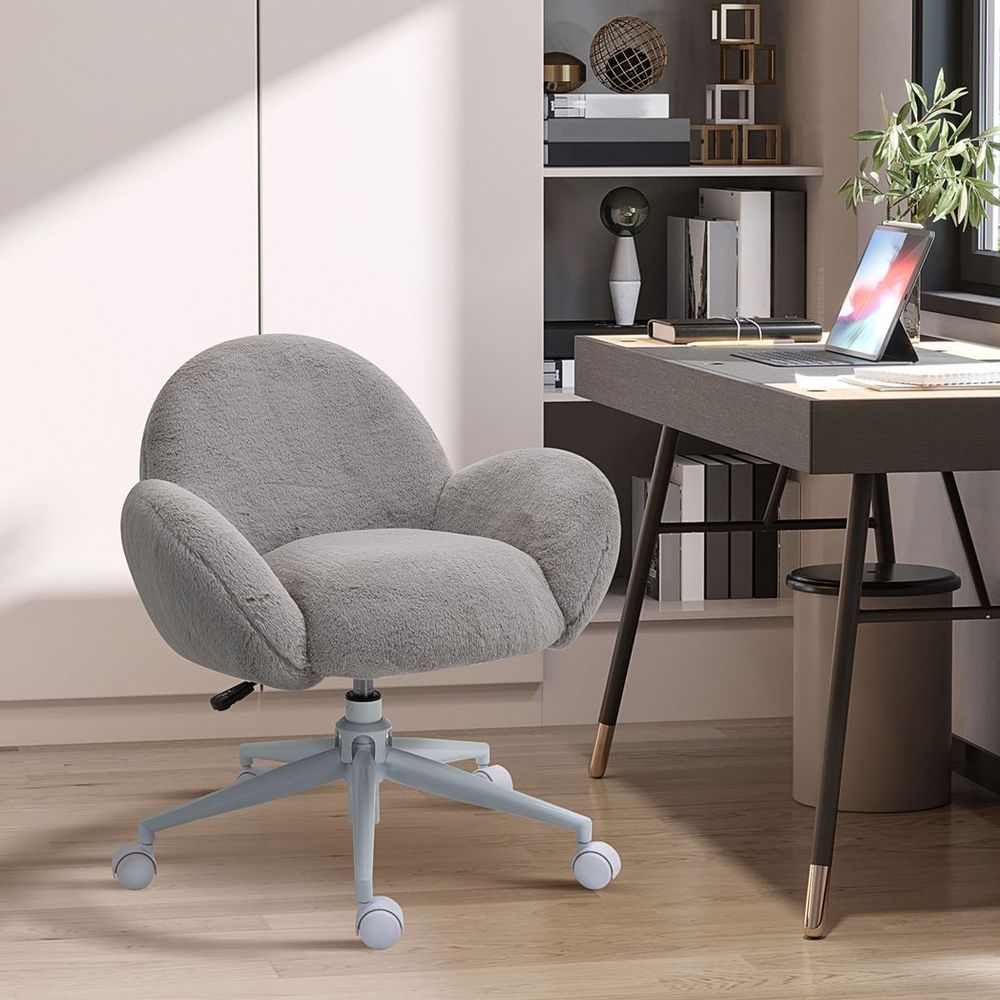 Fluffy Leisure Chair Office Chair w/ Backrest and Armrest for Bedroom Grey - Office Chair from HOMCOM