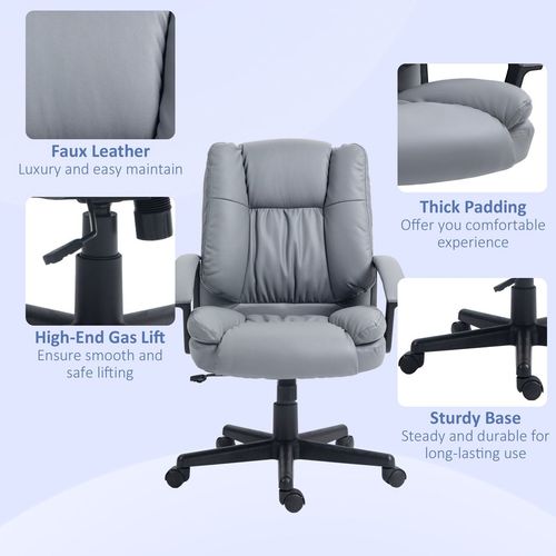 HOMCOM Faux Leather Home Office Chair Mid Back Desk Chair with Arms Light Grey - Office Chair from HOMCOM