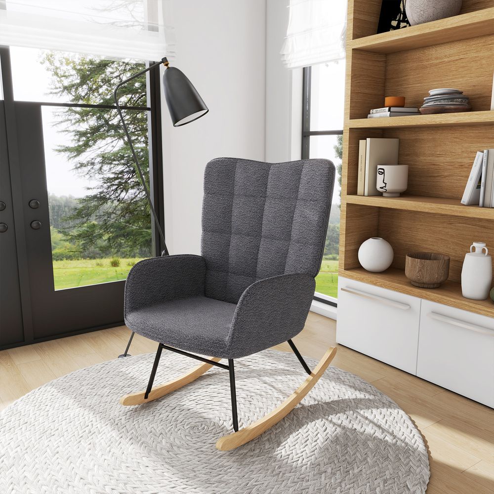 HOMCOM Wingback Rocking Chair for Nursing w/ Steel Frame and Wooden Base Grey - Office Chair from HOMCOM