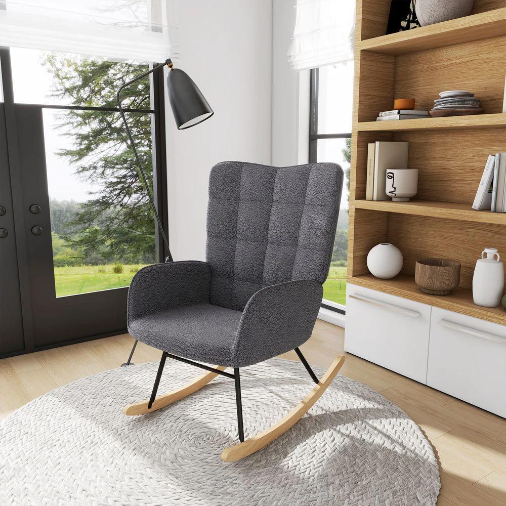 HOMCOM HOMCOM Wingback Rocking Chair for Nursing w/ Steel Frame and Wooden Base Grey - Office Chair