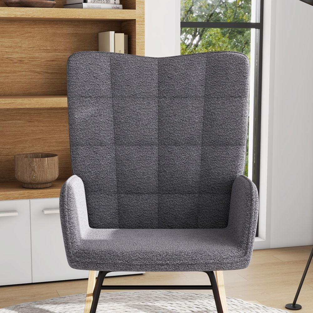 HOMCOM Wingback Rocking Chair for Nursing w/ Steel Frame and Wooden Base Grey - Office Chair from HOMCOM