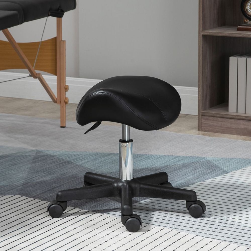 Saddle Stool PU Leather Adjustable Rolling Salon Chair Steel Frame for Massage - Office Chair from HOMCOM