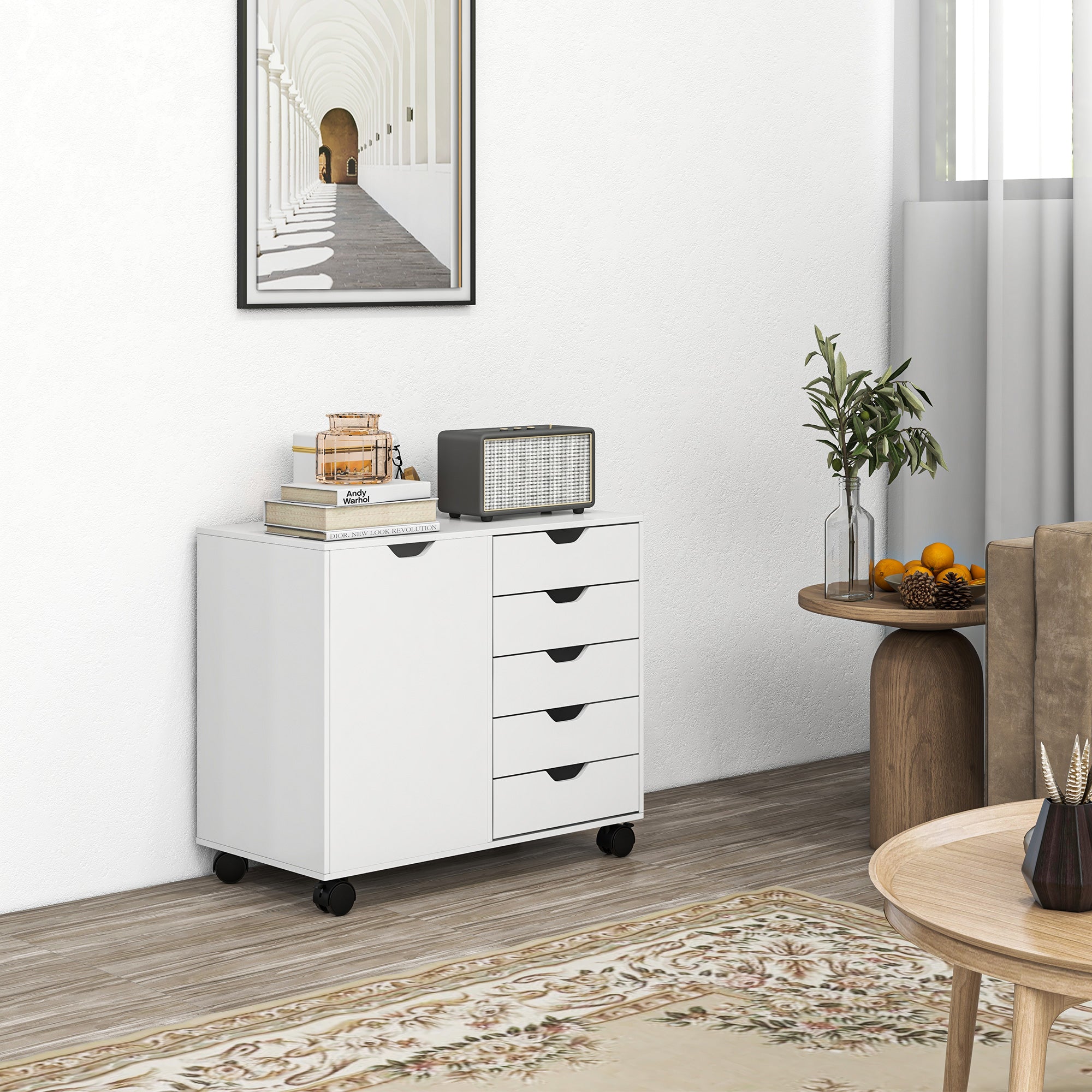 HOMCOM Modern Mobile 5-Drawer Cabinet w/ Door, Office Storage Cabinet White - Office Storage from HOMCOM