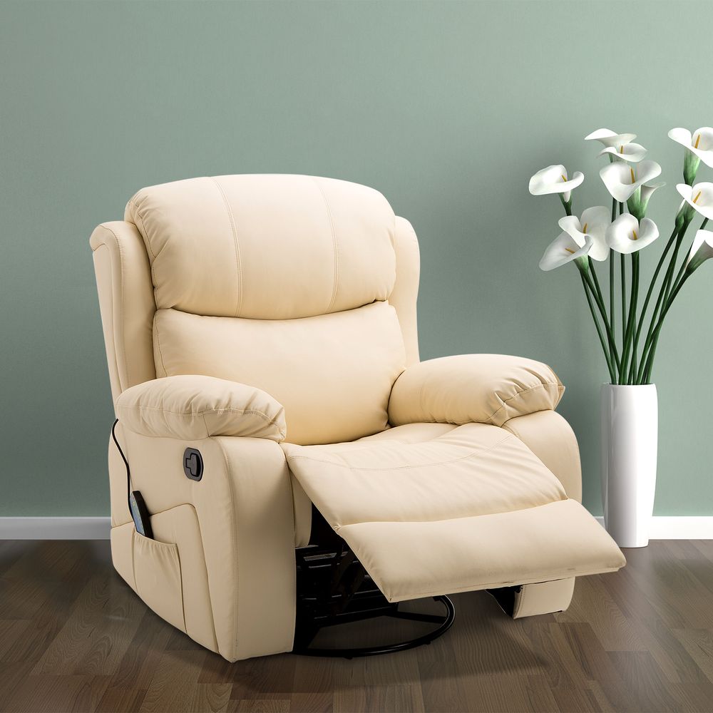 Massage Recliner Chair Manual Reclining Chair with Footrest Remote Beige - Recliner from HOMCOM