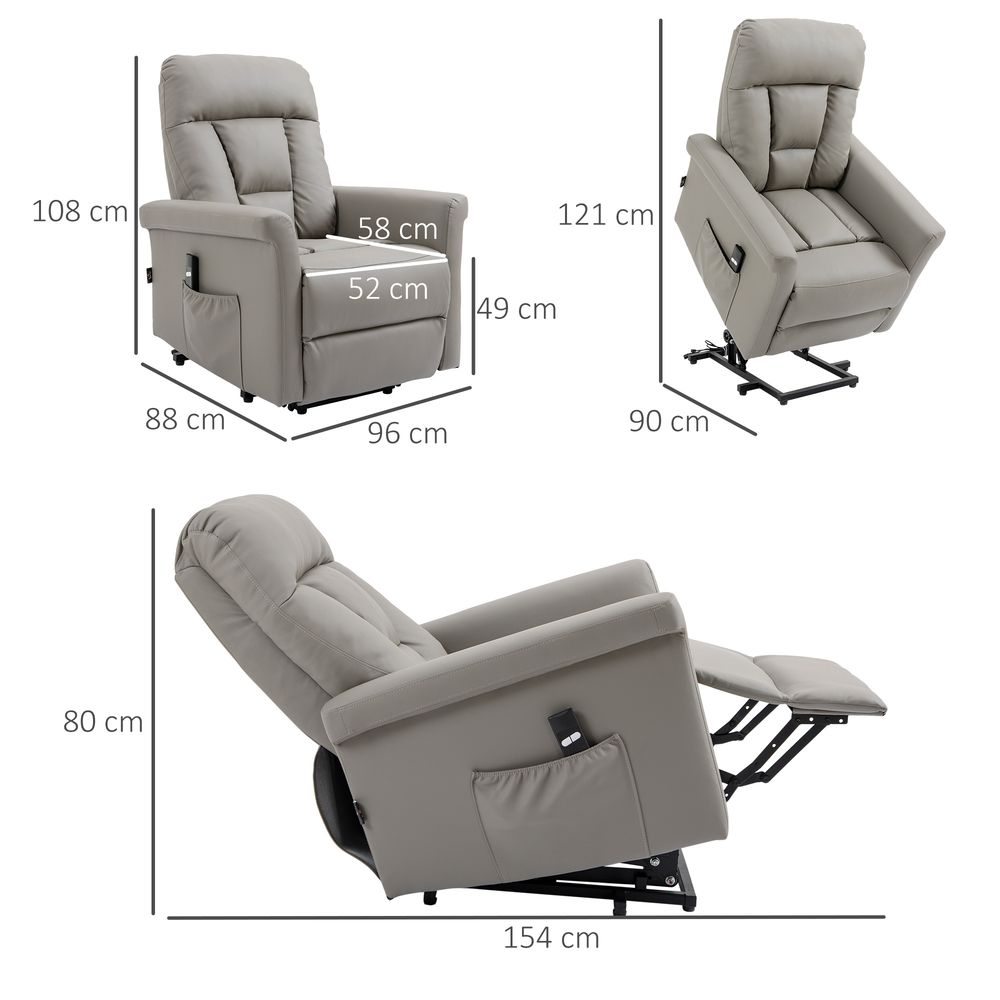 Power Lift Chair, PU Leather Electric Recliner with Side Pocket, Grey - Recliner from HOMCOM