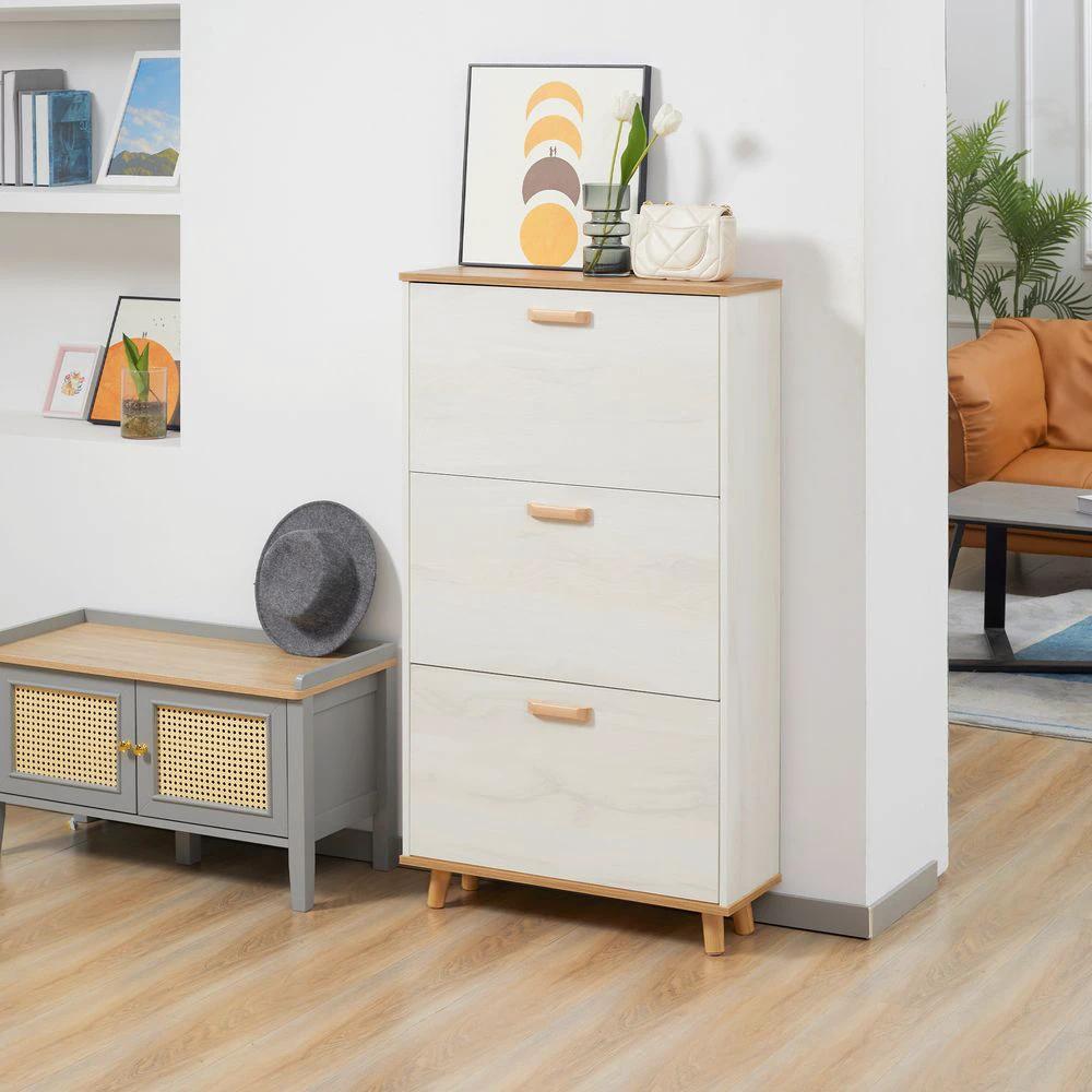 HOMCOM 12 Pair Slim Shoe Storage Cabinet Homcomw/ 3 Flip Drawers for Entryway Hallway - Uncategorized Shoe Storage
