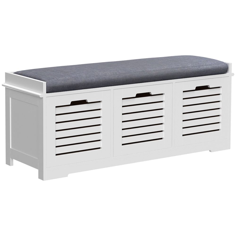 3-Door Homcom Shoe Storage Bench Cushion Seat Slatted Doors Elevated Base White - Shoe Storage from HOMCOM