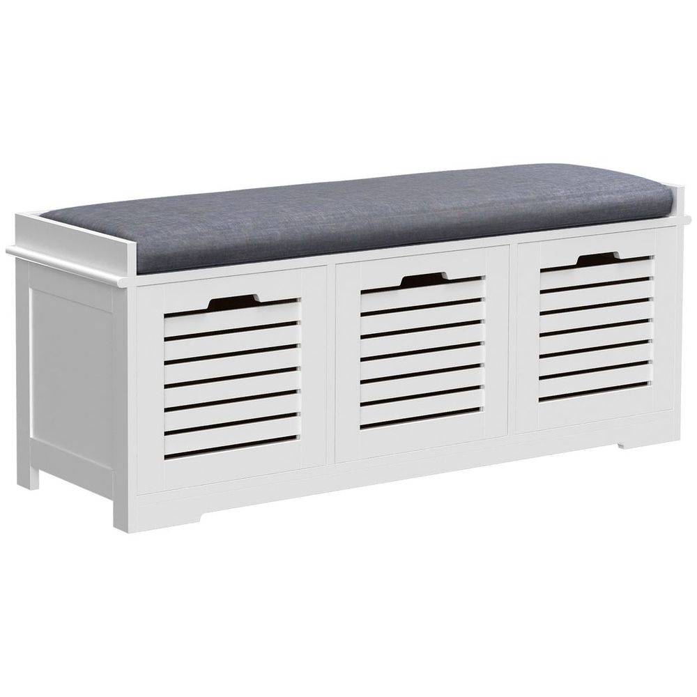 3-Door Homcom Shoe Storage Bench Cushion Seat Slatted Doors Elevated Base White - Shoe Storage from HOMCOM