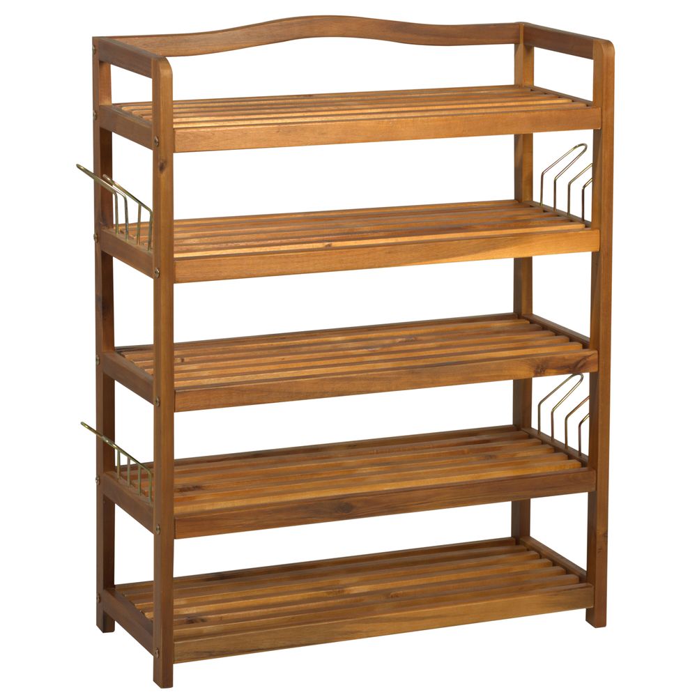 5-Tier Shoe Rack Acacia Wood Shoe Storage Shelf Teak - Shoe Storage from HOMCOM