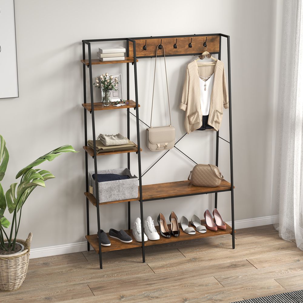 Coat Rack, Coat Stand with Shoe Storage, 5 Hooks for Hallway, Brown - Shoe Storage from HOMCOM