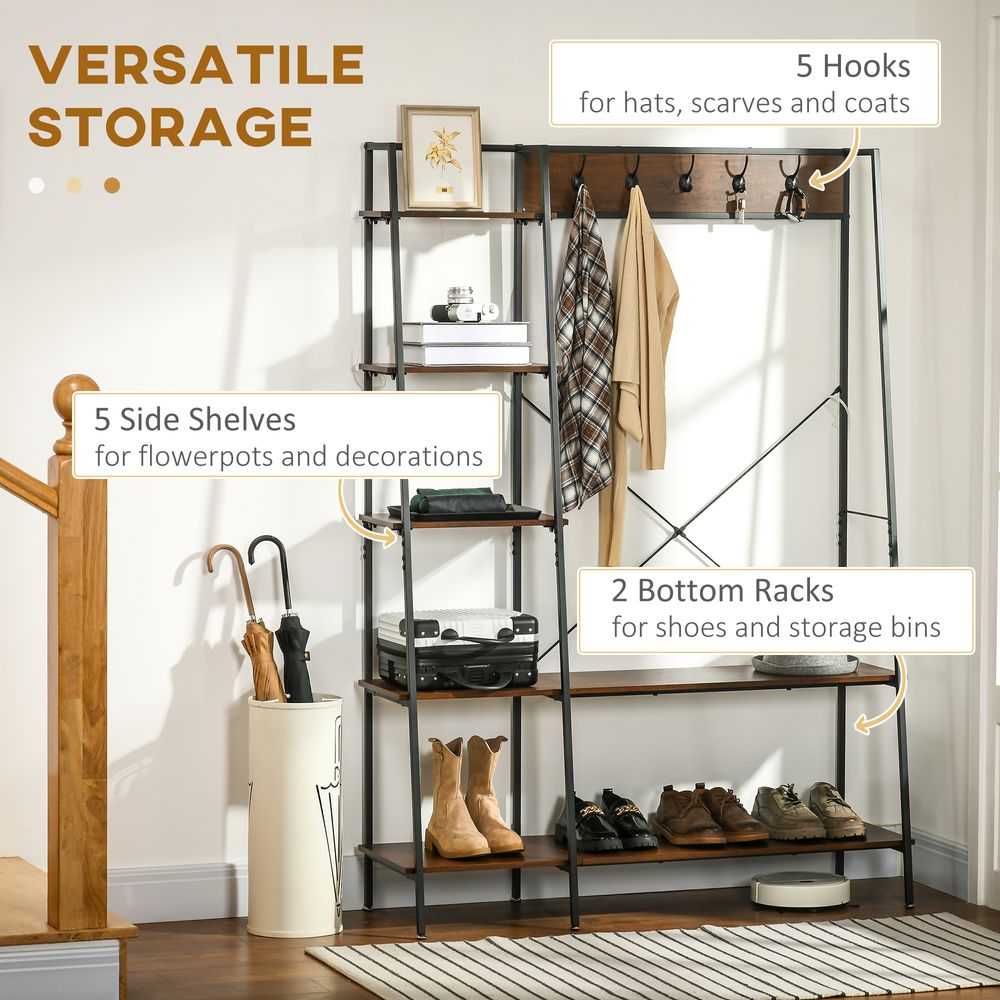 Coat Rack, Coat Stand with Shoe Storage, 5 Hooks for Hallway, Brown - Shoe Storage from HOMCOM