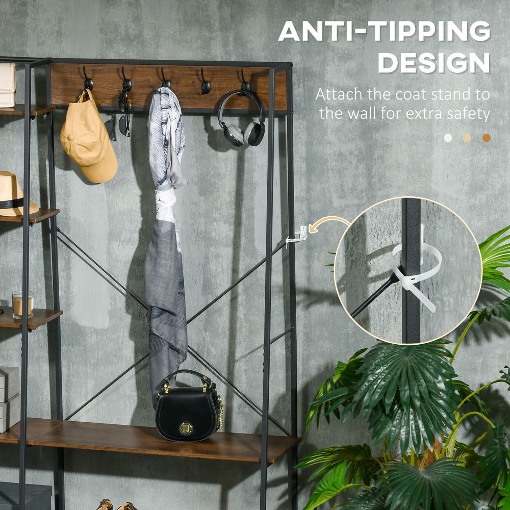 Coat Rack, Coat Stand with Shoe Storage, 5 Hooks for Hallway, Brown - Shoe Storage from HOMCOM