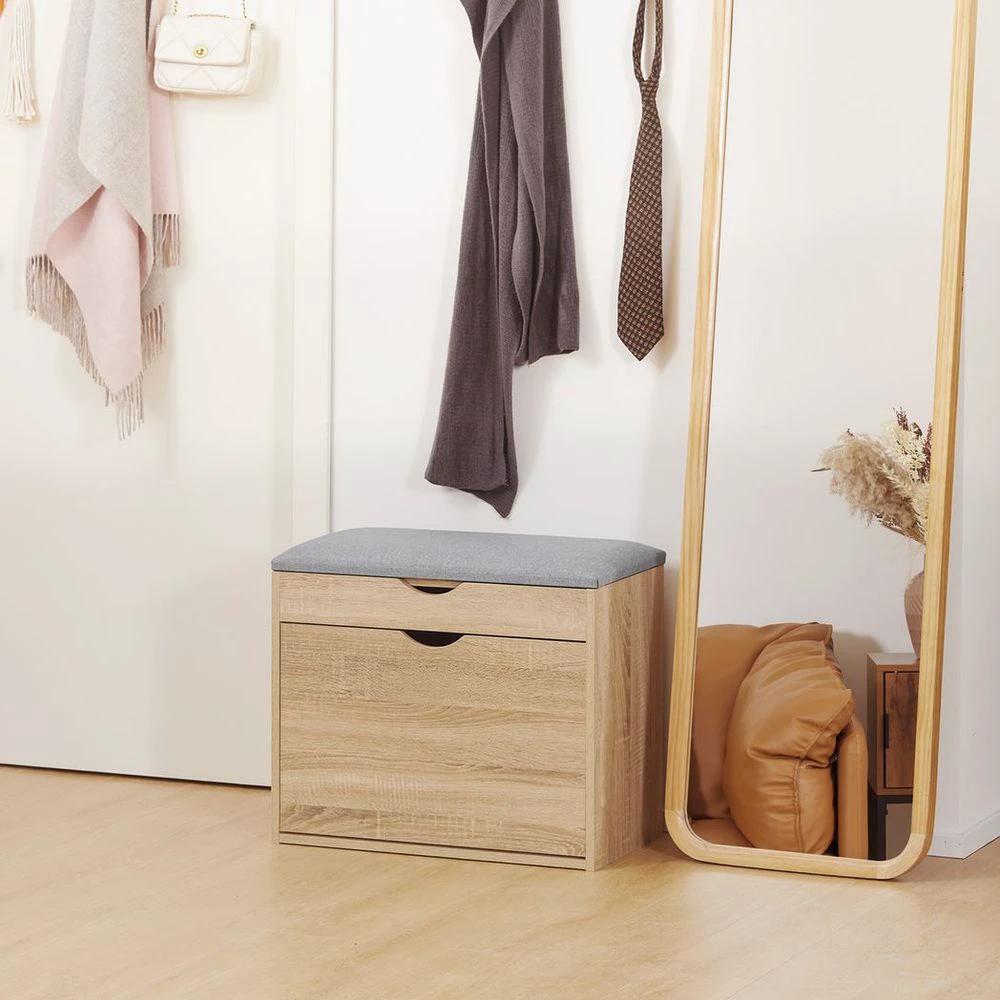 Entryway Shoe Bench with Cushion Storage Cabinet for Living Room Natural by HOMCOM