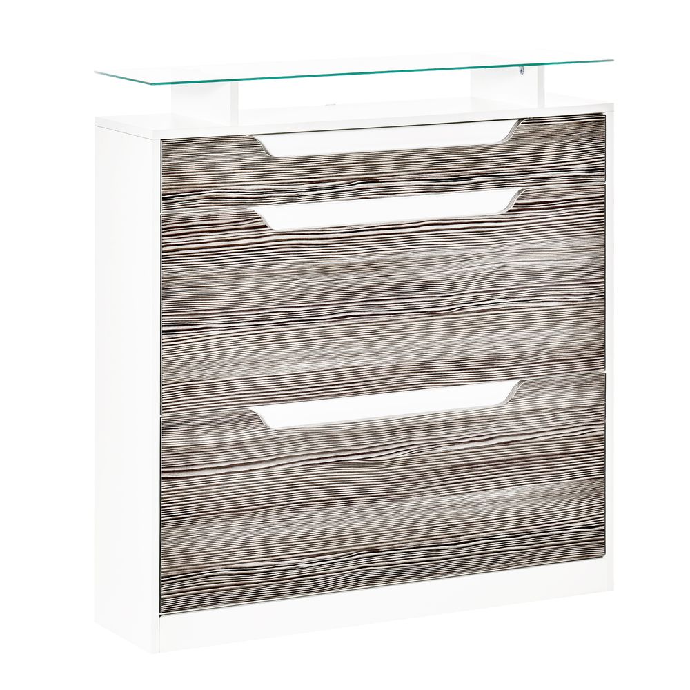 Shoe Cabinet w/ 3 Drawers High Gloss Storage Cupboard w/ Glass Top Grey - Shoe Storage from HOMCOM