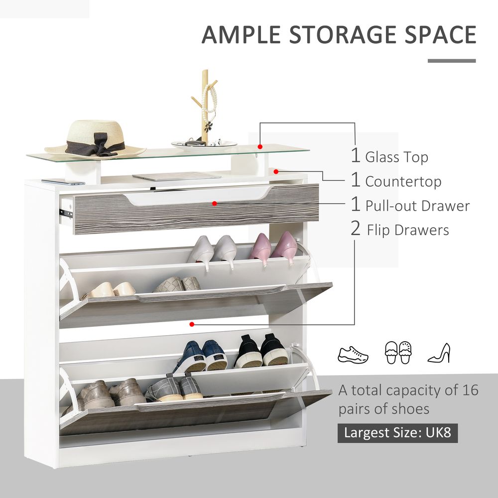Shoe Cabinet w/ 3 Drawers High Gloss Storage Cupboard w/ Glass Top Grey - Shoe Storage from HOMCOM
