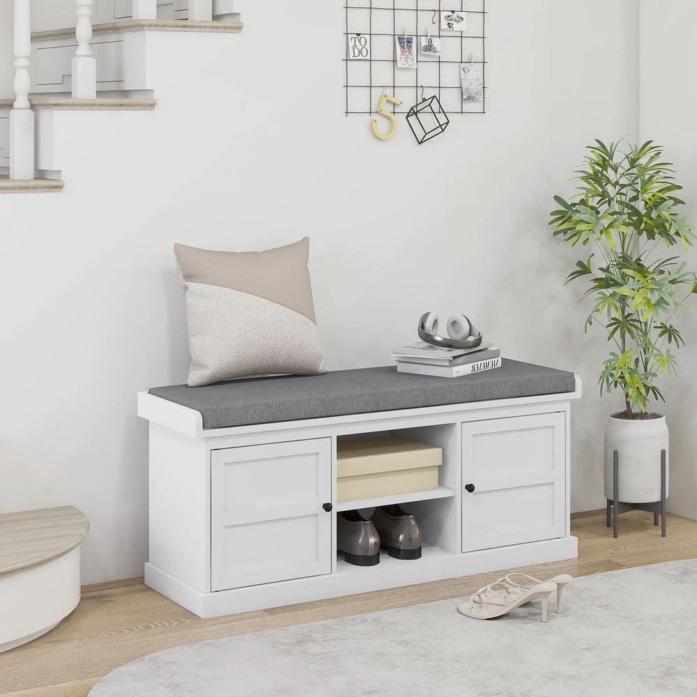 HOMCOM Shoe Storage Bench with Cushion 2 Cabinets for Entryway Hallway White - Uncategorized Shoe Storage