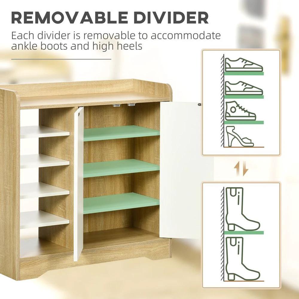HOMCOM Shoe Storage Organizer w/ Double Door Cabinet Open Shelves for Hallway Entryway - Uncategorized Shoe Storage