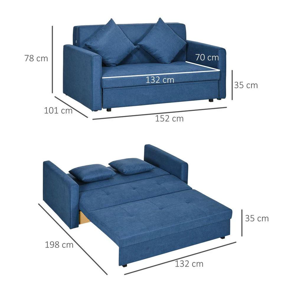2 Seater Homcom Sofa Bed Convertible Bed Settee w/ 2 Cushions Storage Blue by HOMCOM