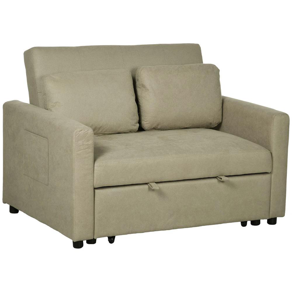 2 Seater Homcom Sofa Bed Convertible Bed Settee with Cushions, Pockets, Brown by HOMCOM
