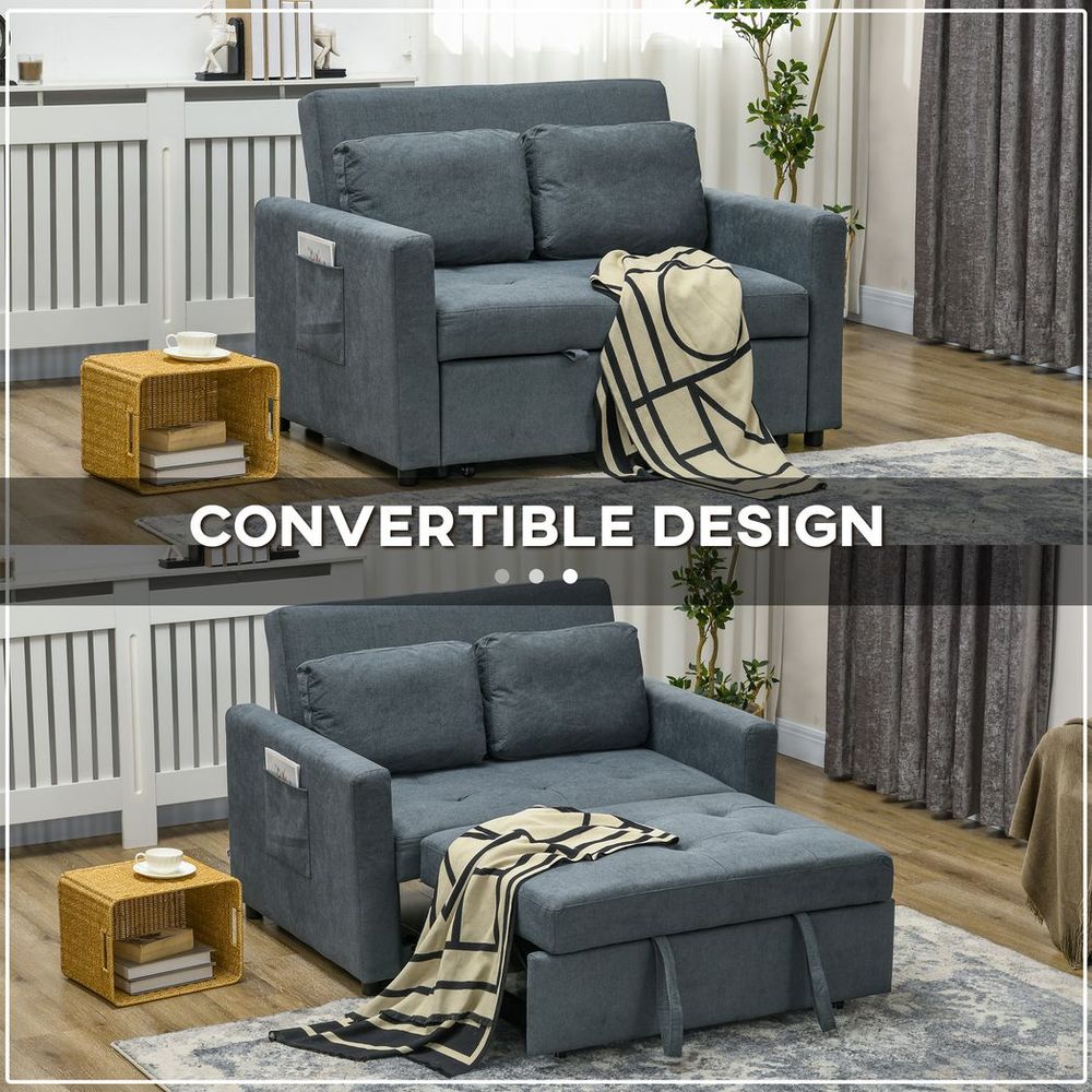 2 Seater Homcom Sofa Bed Convertible Bed Settee with Cushions, Pockets, Grey - Sofa Bed from HOMCOM