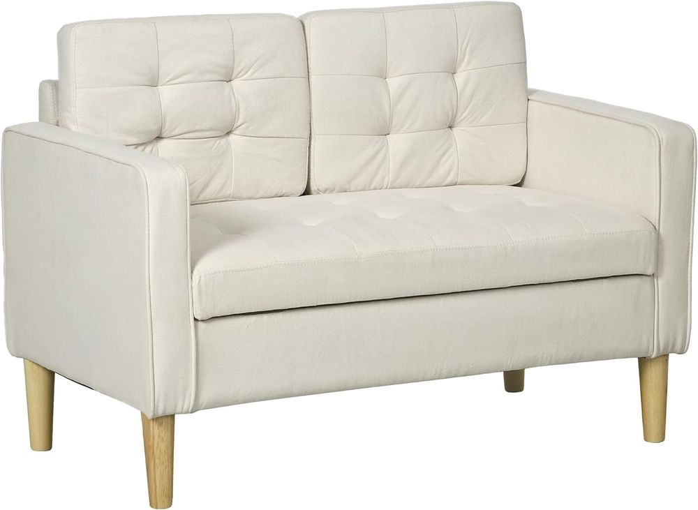Compact Loveseat Sofa 2 Seater Sofa with Storage and Wood Legs Cream - Sofa Bed from HOMCOM
