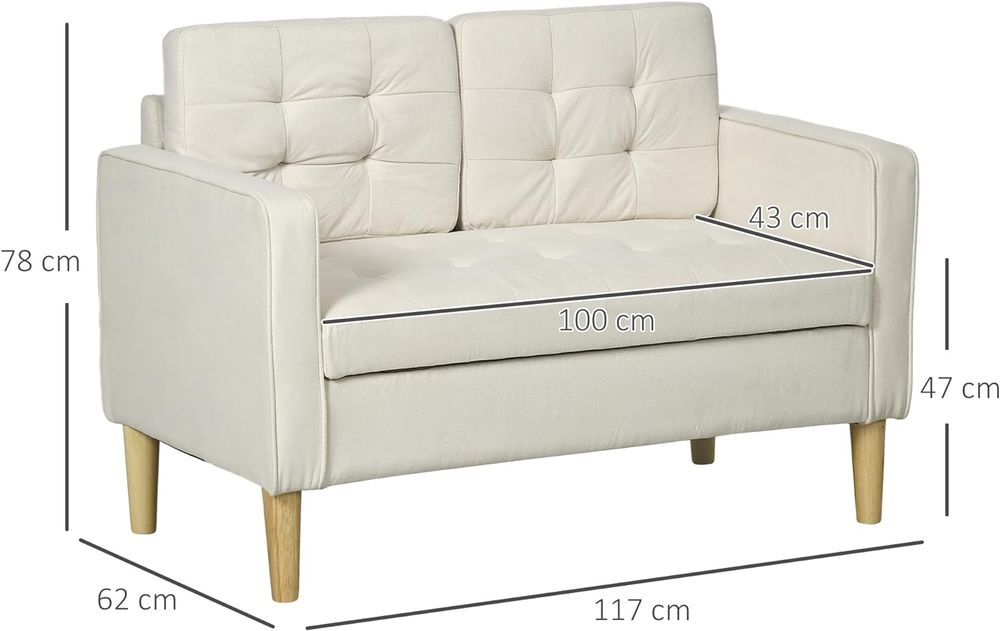 Compact Loveseat Sofa 2 Seater Sofa with Storage and Wood Legs Cream - Sofa Bed from HOMCOM