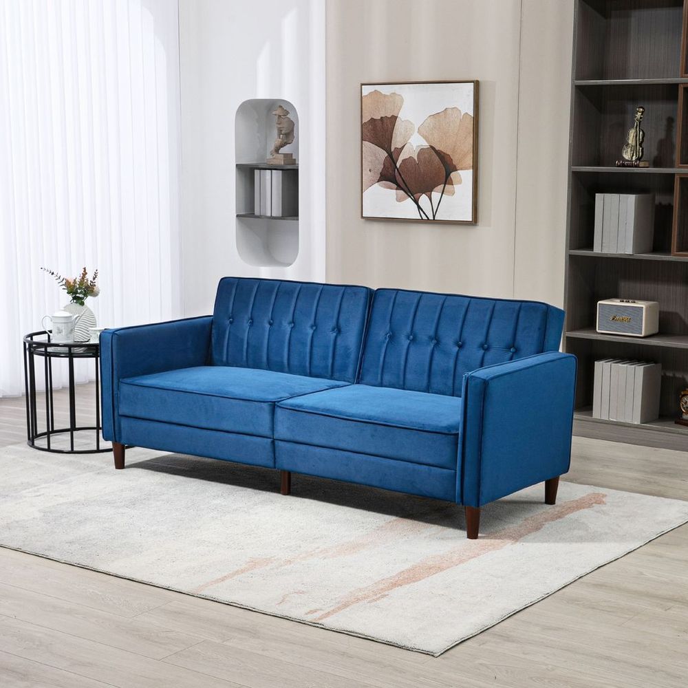 Convertible Sofa Futon Velvet-Touch Tufted Couch Sofa Bed Split Back Blue - Sofa Bed from HOMCOM