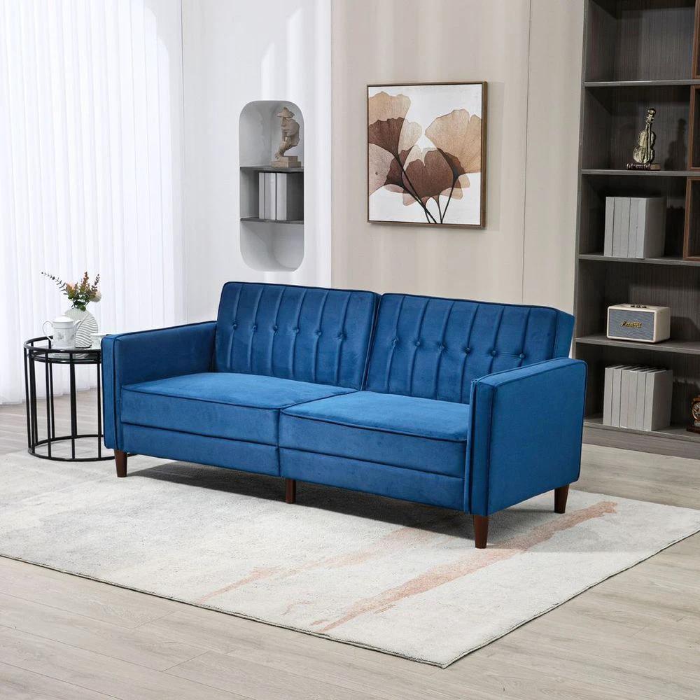 Convertible Sofa Futon Velvet-Touch Tufted Couch Sofa Bed Split Back Blue by HOMCOM