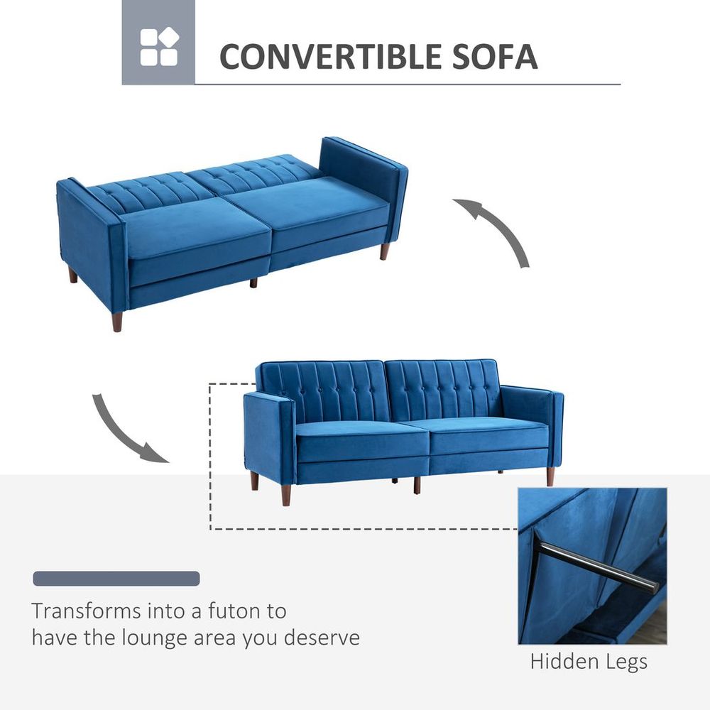Convertible Sofa Futon Velvet-Touch Tufted Couch Sofa Bed Split Back Blue - Sofa Bed from HOMCOM