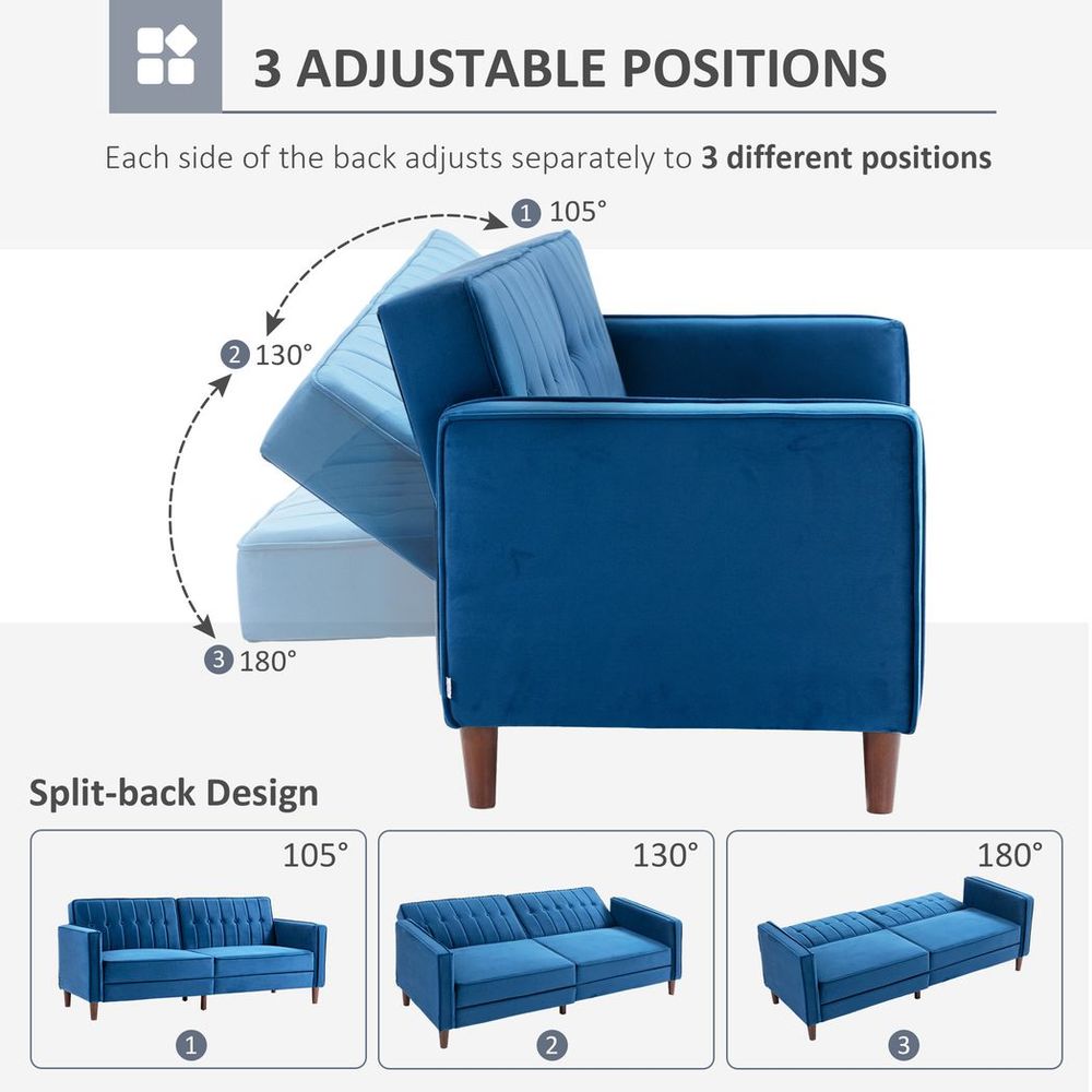 Convertible Sofa Futon Velvet-Touch Tufted Couch Sofa Bed Split Back Blue - Sofa Bed from HOMCOM