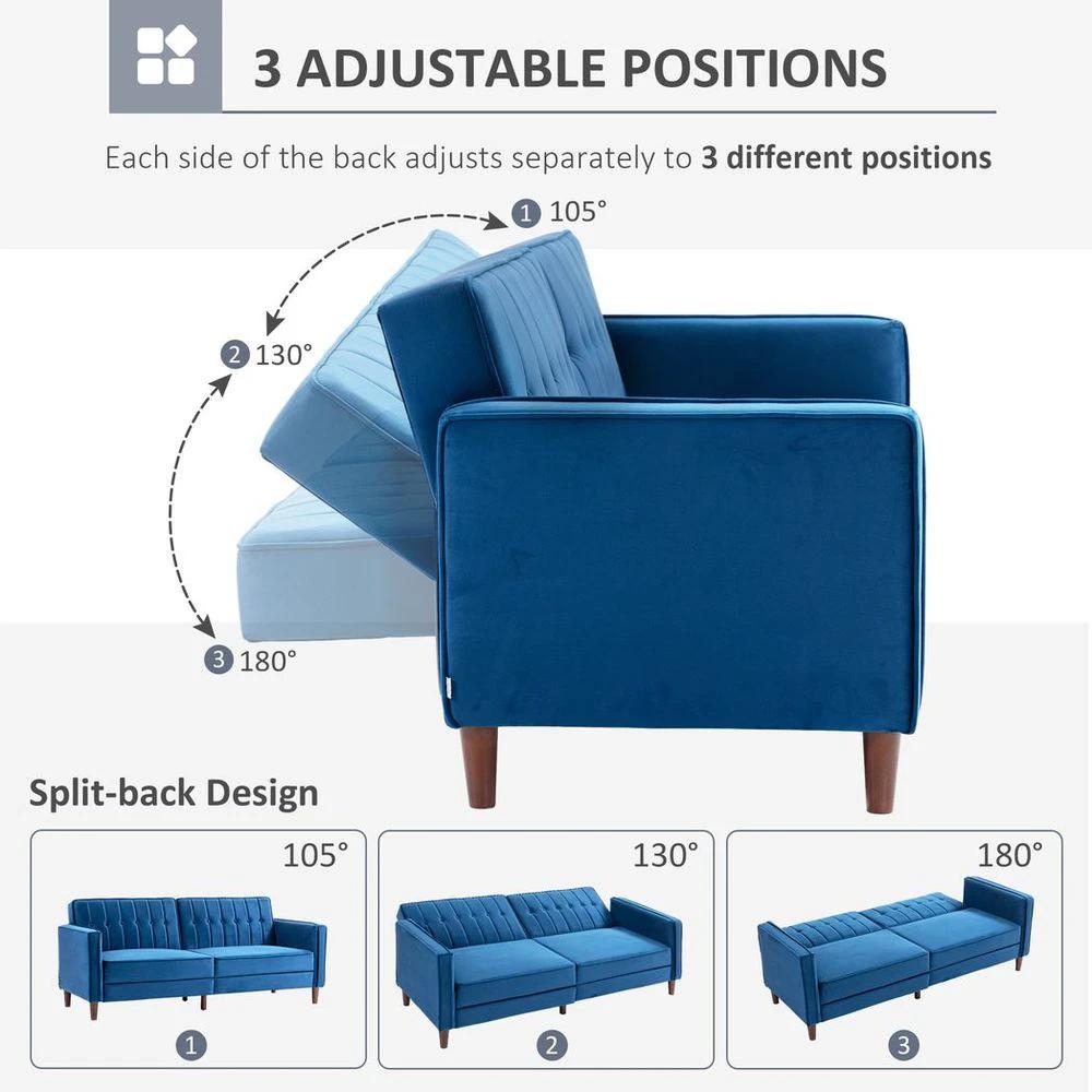 Convertible Sofa Futon Velvet-Touch Tufted Couch Sofa Bed Split Back Blue by HOMCOM